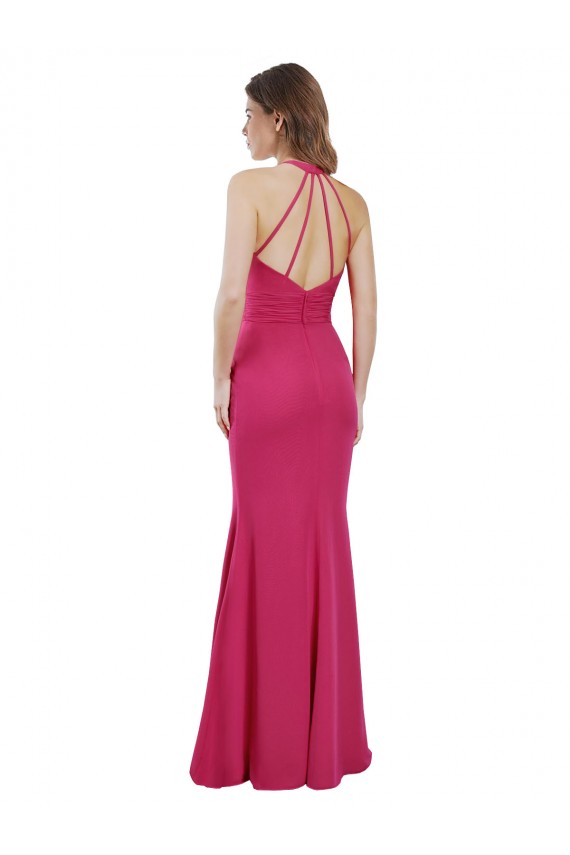 Chiffon Cabeçada Sem Mangas Criss Cruz Comprimento Chão Rubi Vestidos de Madrinha Baratos