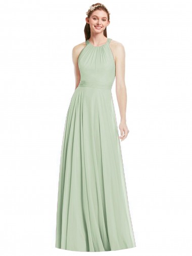 Chiffon Cabeçada Sem Mangas Comprimento Chão Linha A Longo Vestidos de Madrinha Baratos