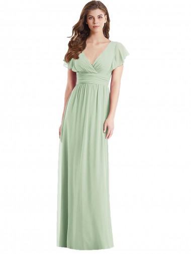 Chiffon Decote V Mangas Esvoaçantes Abrir de volta Comprimento Chão Trombeta Vestidos de Madrinha Baratos