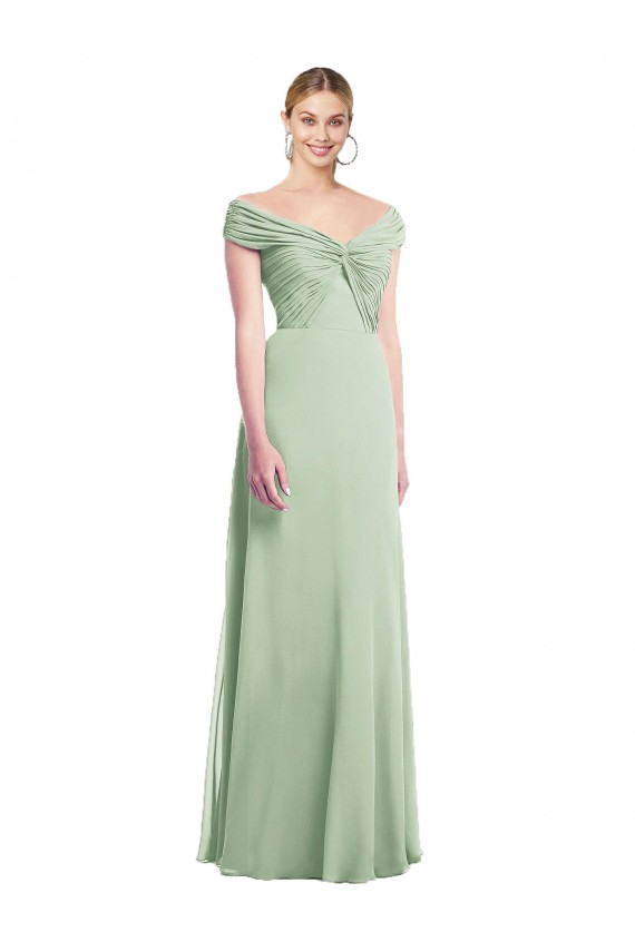 Chiffon Fora do Ombro Sem Mangas Comprimento Chão Sábio Longo Vestidos de Madrinha Baratos