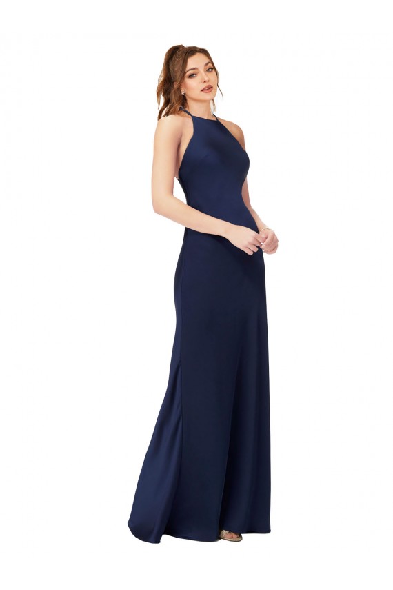 Cetim Sedoso Decote Alto Sem Mangas Criss Cruz Comprimento Chão Vestidos de Madrinha / Vestidos de Noite / Vestidos de Festa Baratos