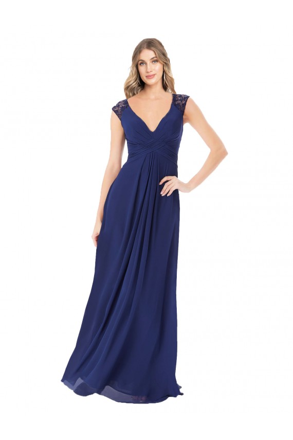 Chiffon Decote V Mangas Curtas Buraco da fechadura Comprimento Chão Vestidos de Madrinha Baratos