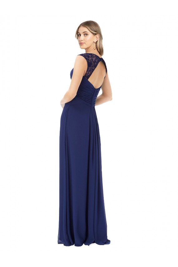 Chiffon Decote V Mangas Curtas Buraco da fechadura Comprimento Chão Vestidos de Madrinha Baratos