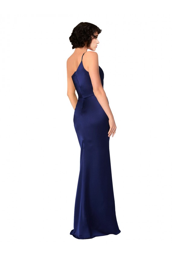 Cetim Sedoso Um Ombro Sem Mangas Comprimento Chão Safira Linha A Vestidos de Madrinha / Vestidos de Noite / Vestidos de Festa Baratos