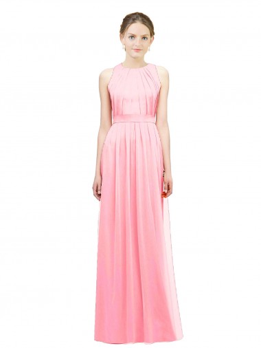 Chiffon Cabeçada Sem Mangas Comprimento Chão Salmão Linha A Vestidos de Madrinha Baratos