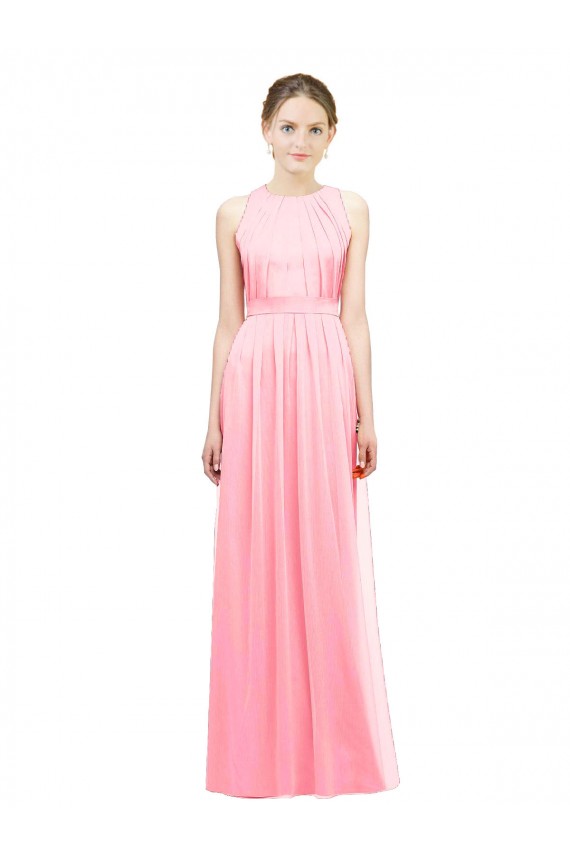 Chiffon Cabeçada Sem Mangas Comprimento Chão Salmão Linha A Vestidos de Madrinha Baratos