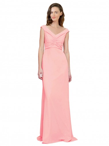 Chiffon Decote V Sem Mangas Comprimento Chão Salmão Linha A Vestidos de Madrinha Baratos