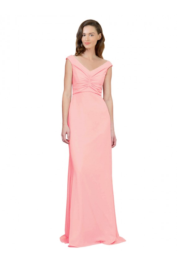 Chiffon Decote V Sem Mangas Comprimento Chão Salmão Linha A Vestidos de Madrinha Baratos