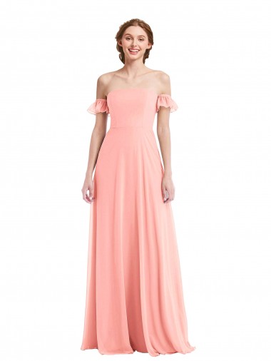 Chiffon Fora do Ombro Mangas Esvoaçantes Comprimento Chão Vestidos de Madrinha Baratos