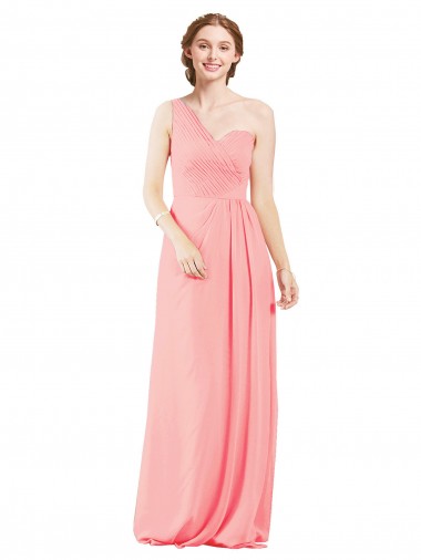 Chiffon Um Ombro Sem Mangas Comprimento Chão Salmão Linha A Vestidos de Madrinha Baratos