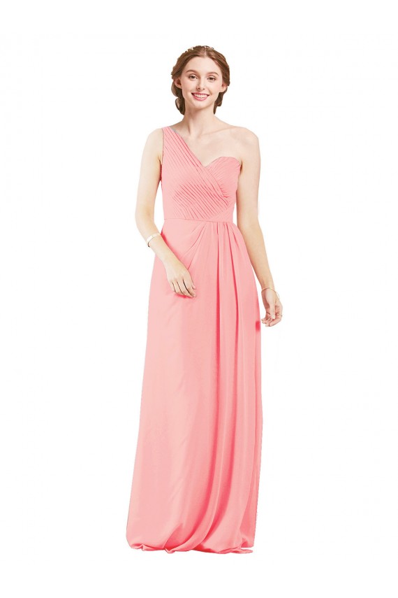 Chiffon Um Ombro Sem Mangas Comprimento Chão Salmão Linha A Vestidos de Madrinha Baratos