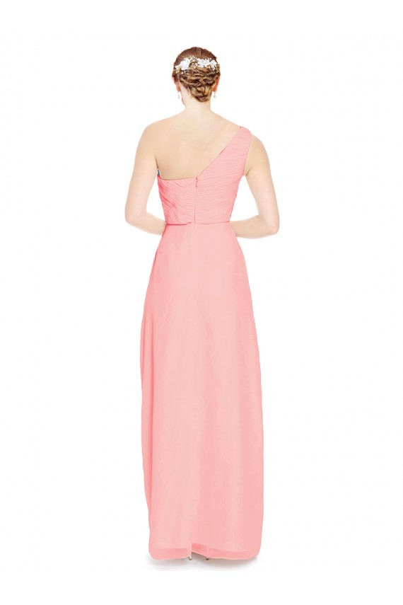 Chiffon Um Ombro Sem Mangas Comprimento Chão Salmão Linha A Vestidos de Madrinha Baratos