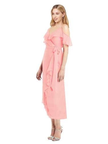 Chiffon Alças finas Ombro Frio Comprimento Cocktail Vestidos de Madrinha Baratos