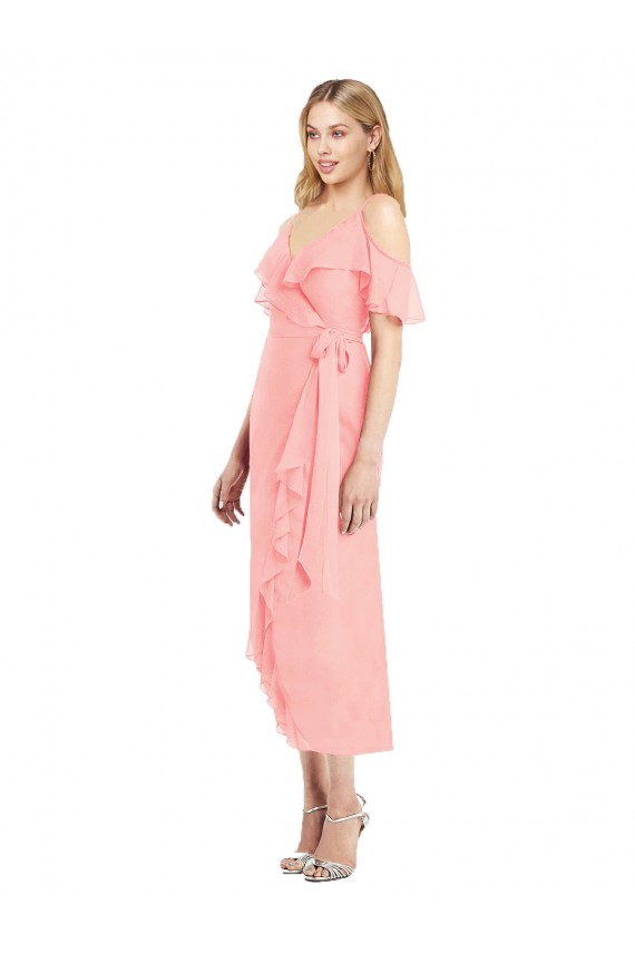 Chiffon Alças finas Ombro Frio Comprimento Cocktail Vestidos de Madrinha Baratos