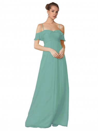 Chiffon Fora do Ombro Mangas Esvoaçantes Comprimento Chão Longo Linha A Vestidos de Madrinha Baratos