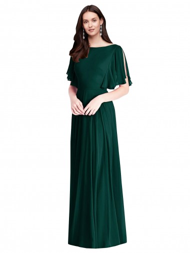 Chiffon Barco Mangas Sino Costas em V Comprimento Chão Vestidos de Madrinha Baratos
