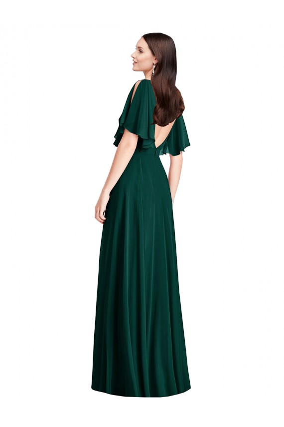 Chiffon Barco Mangas Sino Costas em V Comprimento Chão Vestidos de Madrinha Baratos