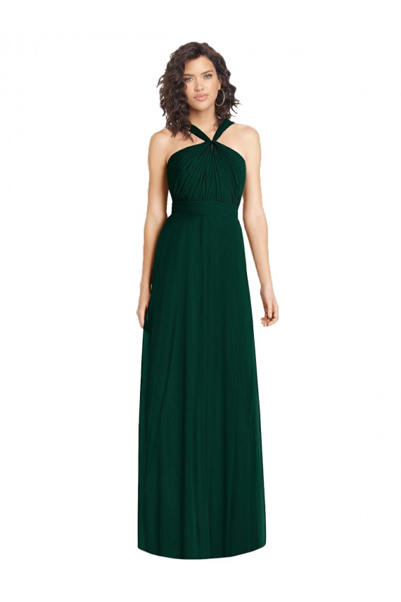 Chiffon Cabeçada Sem Mangas Comprimento Chão Sempre Verde Linha A Vestidos de Madrinha Baratos