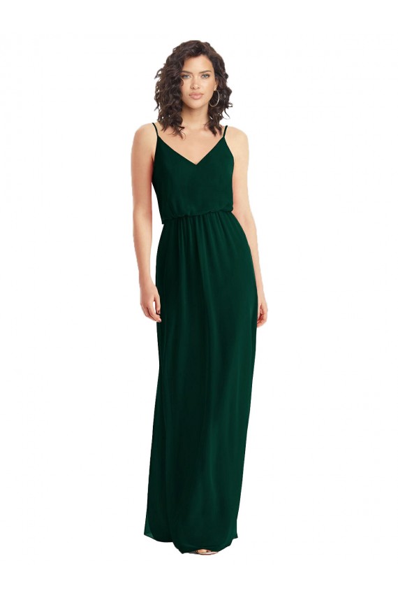 Chiffon Decote V Sem Mangas Lombar Comprimento Chão Linha A Sempre Verde Vestidos de Madrinha Baratos