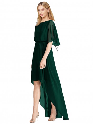 Chiffon Decote redondo Mangas Esvoaçantes Amarrar para trás Alto Baixo Alto Baixo, Vestidos de Madrinha Baratos