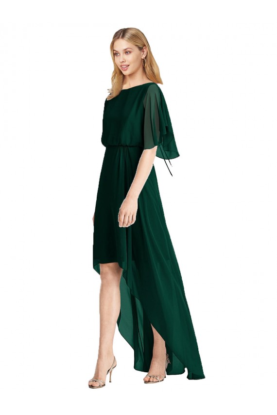 Chiffon Decote redondo Mangas Esvoaçantes Amarrar para trás Alto Baixo Alto Baixo, Vestidos de Madrinha Baratos