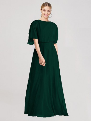 Chiffon Decote redondo Mangas Esvoaçantes Amarrar para trás Comprimento Chão Vestidos de Madrinha Baratos