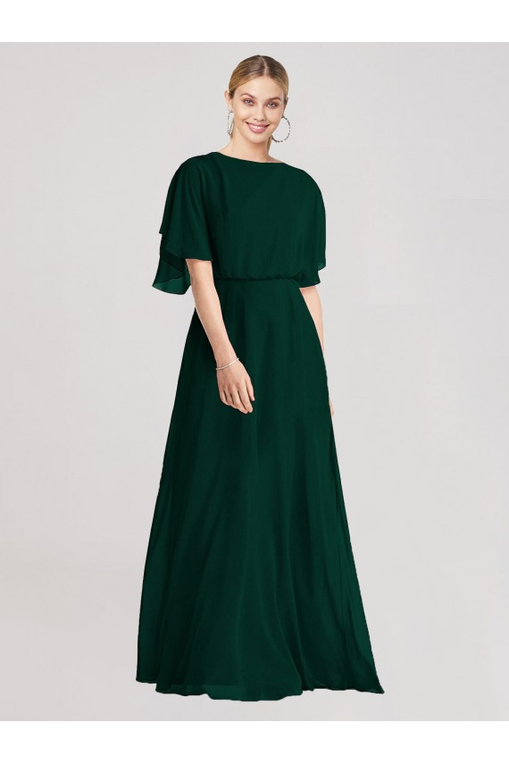 Chiffon Decote redondo Mangas Esvoaçantes Amarrar para trás Comprimento Chão Vestidos de Madrinha Baratos