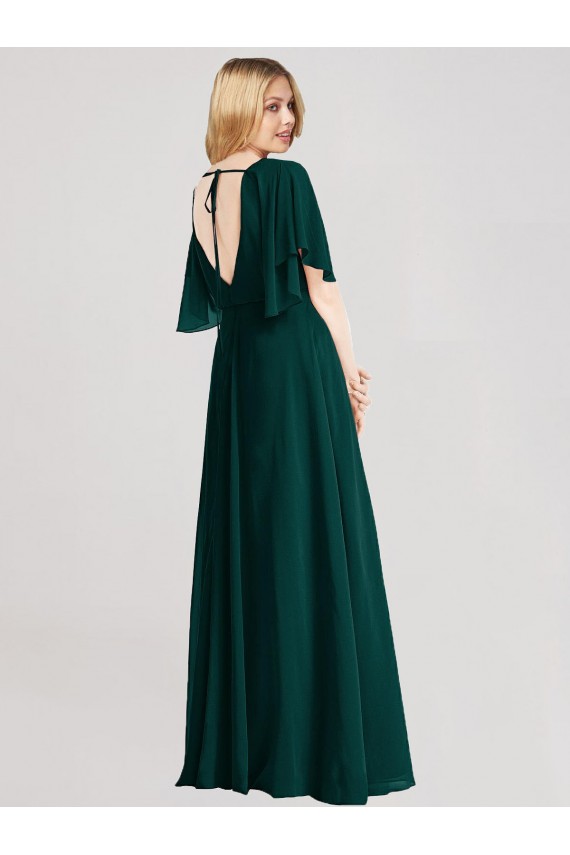 Chiffon Decote redondo Mangas Esvoaçantes Amarrar para trás Comprimento Chão Vestidos de Madrinha Baratos