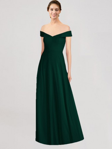 Chiffon Fora do Ombro Sem Mangas Comprimento Chão Sempre Verde Linha A Vestidos de Madrinha Baratos