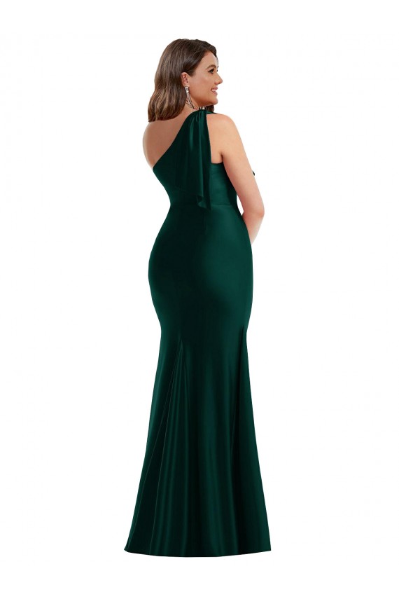 Cetim Sedoso Um Ombro Sem Mangas Comprimento Chão Sempre Verde Vestidos de Madrinha / Vestidos de Noite / Vestidos de Festa Baratos
