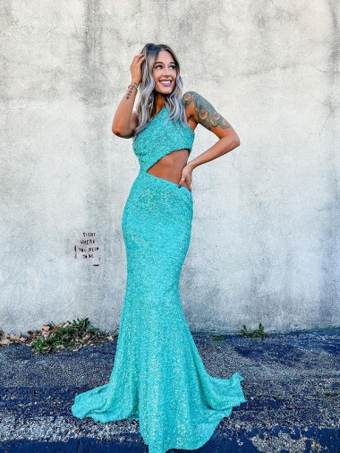Lantejoulas Veludo Um Ombro Sem Mangas Comboio Varredela Longo Sereia Vestidos de Festa Baratos
