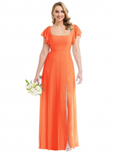 Chiffon Decote Quadrado Mangas Esvoaçantes Abrir de volta Comprimento Chão Vestidos de Madrinha Baratos