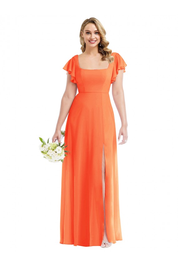 Chiffon Decote Quadrado Mangas Esvoaçantes Abrir de volta Comprimento Chão Vestidos de Madrinha Baratos