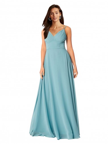 Chiffon Decote V Sem Mangas Comprimento Chão Turquesa Linha A Vestidos de Madrinha Baratos