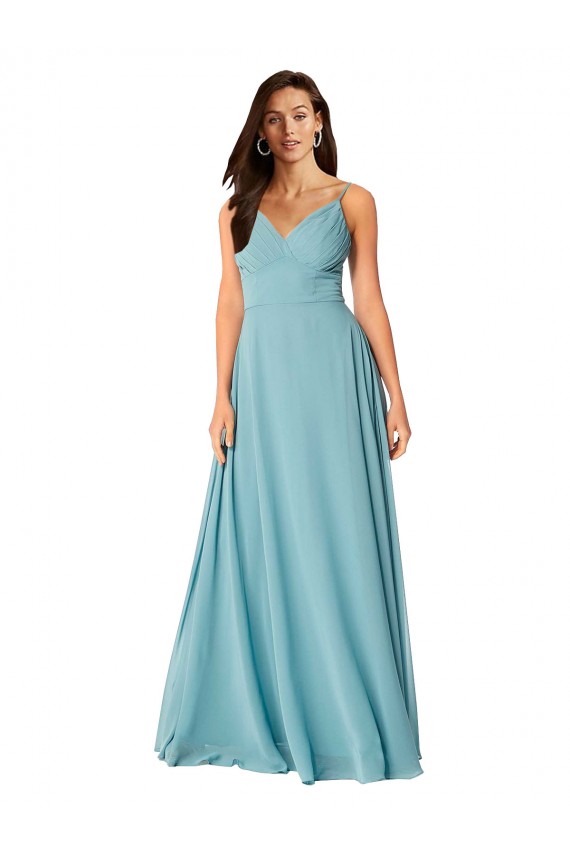 Chiffon Decote V Sem Mangas Comprimento Chão Turquesa Linha A Vestidos de Madrinha Baratos