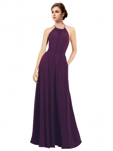 Chiffon Cabeçada Sem Mangas Buraco da fechadura Comprimento Chão Vestido de Festa / Vestido de Madrinha Baratos