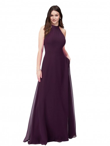 Chiffon Cabeçada Sem Mangas Buraco da fechadura Comprimento Chão Vestidos de Festa / Vestidos de Madrinha Baratos