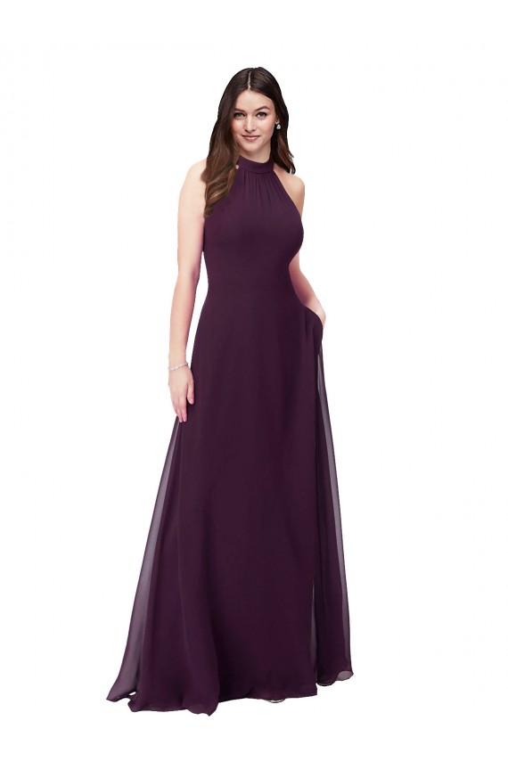 Chiffon Cabeçada Sem Mangas Buraco da fechadura Comprimento Chão Vestidos de Festa / Vestidos de Madrinha Baratos