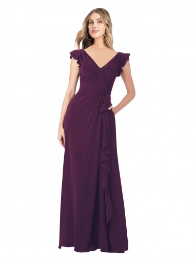 Chiffon Decote V Mangas Curtas Comprimento Chão Vestidos de Madrinha Baratos