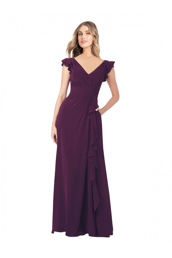 Chiffon Decote V Mangas Curtas Comprimento Chão Vestidos de Madrinha Baratos
