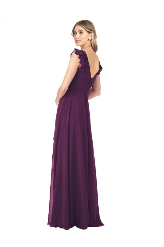 Chiffon Decote V Mangas Curtas Comprimento Chão Vestidos de Madrinha Baratos