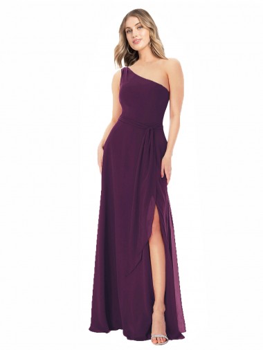 Chiffon Um Ombro Sem Mangas Comprimento Chão Vestido de Madrinha / Vestido de Baile Baratos