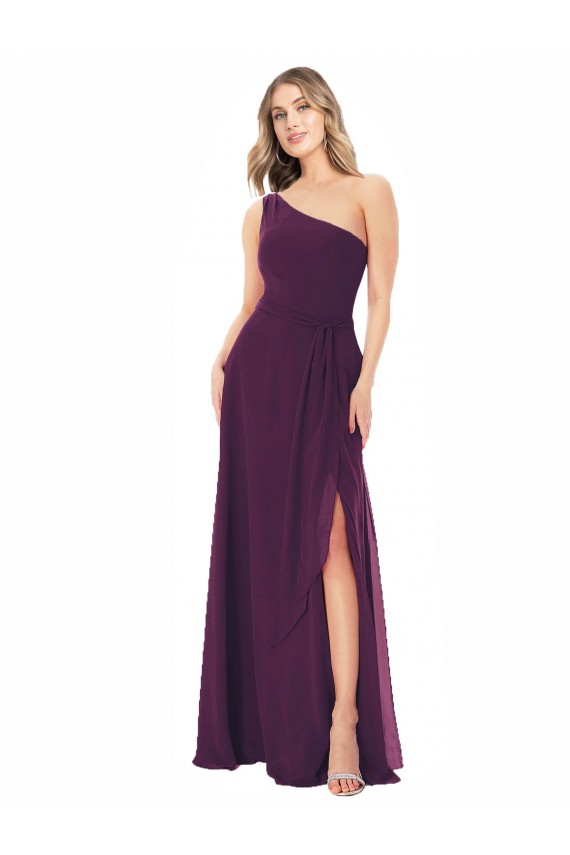 Chiffon Um Ombro Sem Mangas Comprimento Chão Vestido de Madrinha / Vestido de Baile Baratos