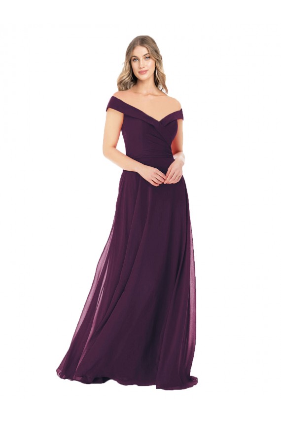Chiffon Fora do Ombro Sem Mangas Comprimento Chão Uva Linha A Vestidos de Madrinha Baratos