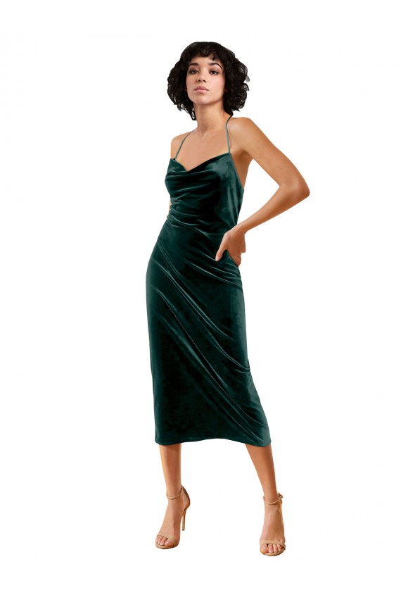 Veludo Elástico Alças finas Sem Mangas Criss Cruz Comprimento Midi Vestidos de Madrinha / Vestidos de Noite / Vestidos de Festa Baratos