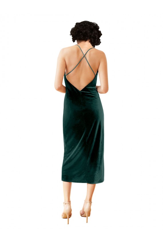 Veludo Elástico Alças finas Sem Mangas Criss Cruz Comprimento Midi Vestidos de Madrinha / Vestidos de Noite / Vestidos de Festa Baratos