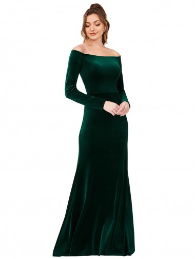 Veludo Elástico Fora do Ombro Mangas Compridas Comprimento Chão Vestidos de Madrinha / Vestidos de Noite / Vestidos de Festa Baratos