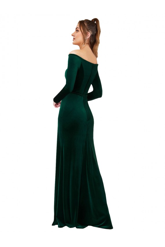 Veludo Elástico Fora do Ombro Mangas Compridas Comprimento Chão Vestidos de Madrinha / Vestidos de Noite / Vestidos de Festa Baratos