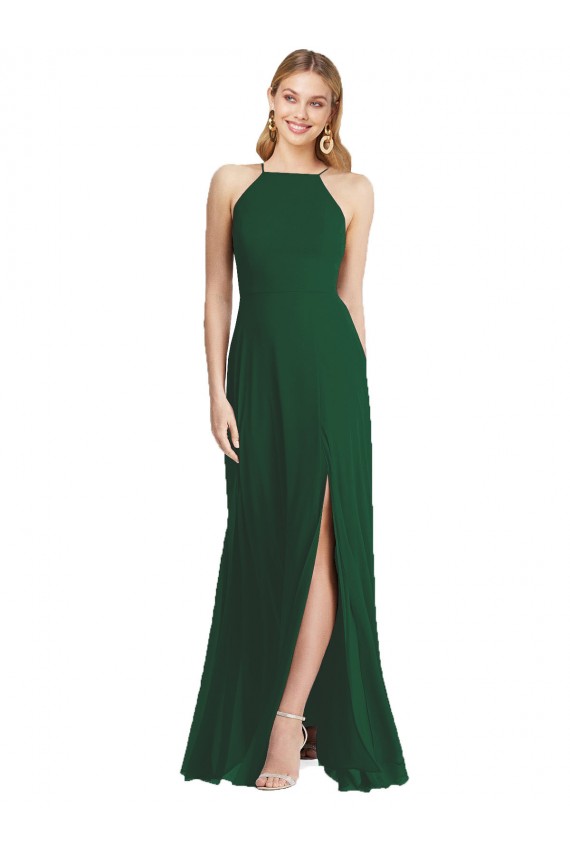 Chiffon Alças finas Sem Mangas Comprimento Chão Verde Escuro Linha A Vestidos de Madrinha Baratos