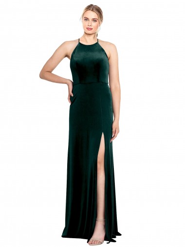 Veludo Elástico Alças finas Sem Mangas Buraco da fechadura Comprimento Chão Vestidos de Madrinha / Vestidos de Festa Baratos
